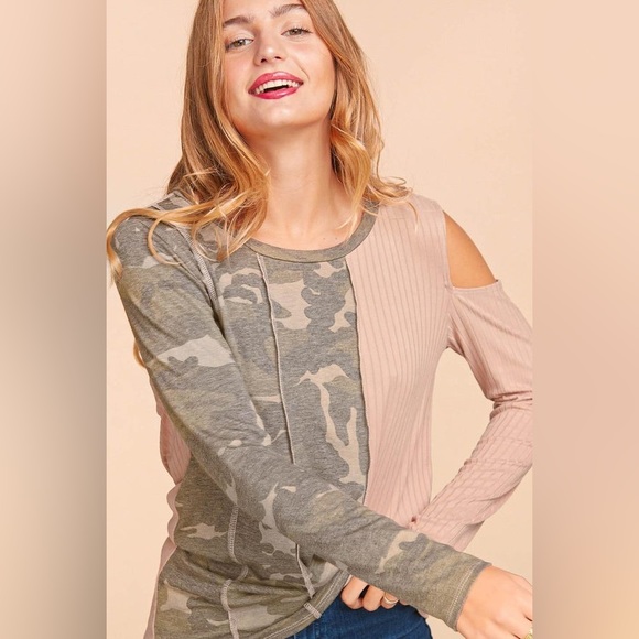 NWT Haptics camo tan cold shoulder long sleeve top - Picture 2 of 9